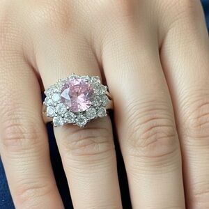Pink Rose Quartz And CZ Stone Ring Sz 7